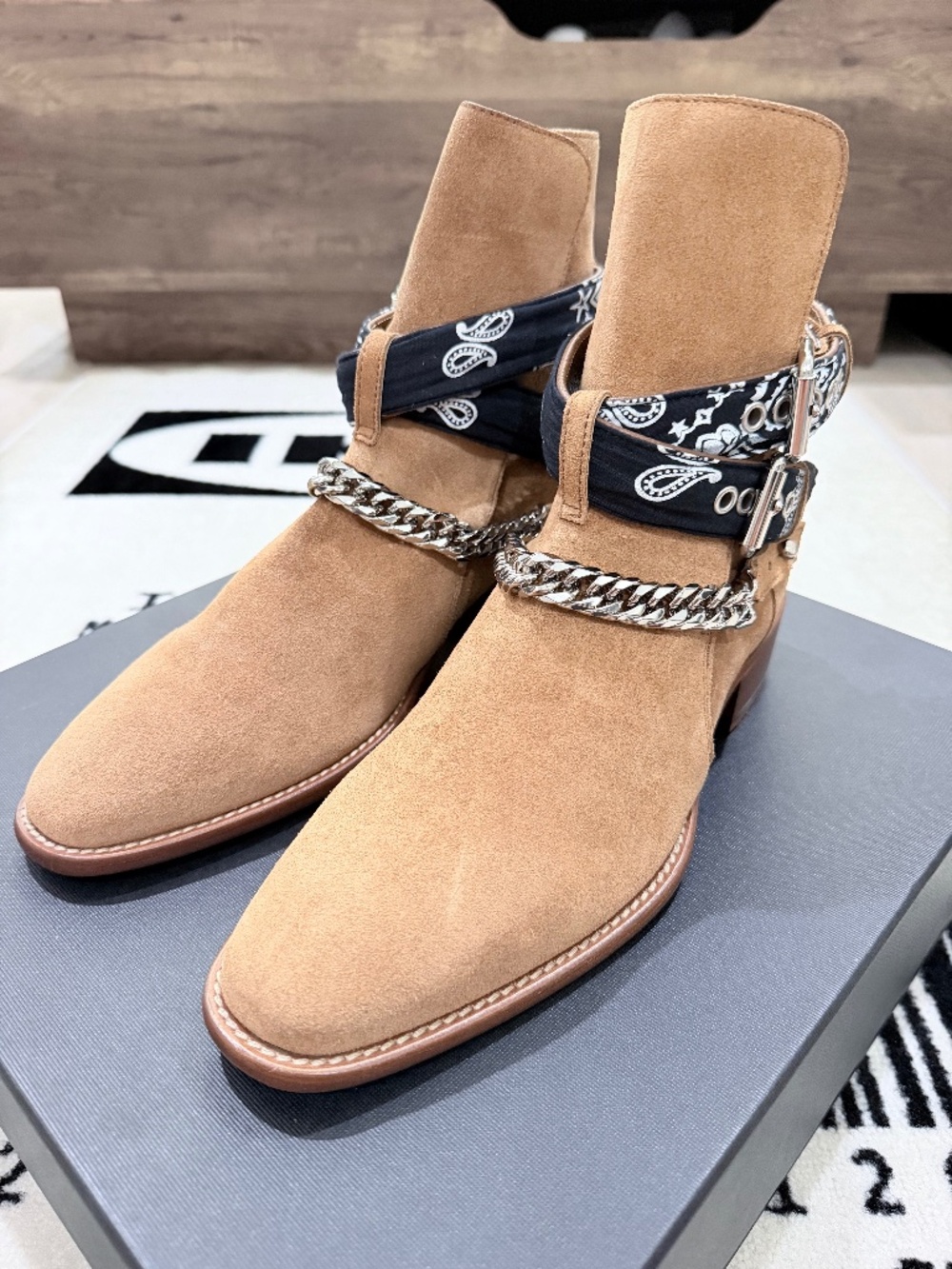 AMIRI Embellished Chain Bandana Buckle Strap Suede Jodhpur Boots - Tan